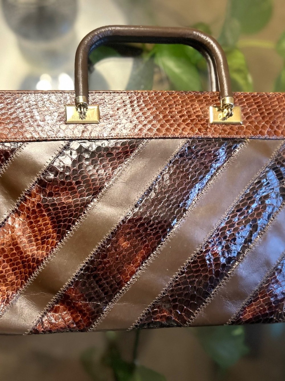Vintage Genuine Snakeskin & Leather Structured Handbag Brown Patchwork Top Handl